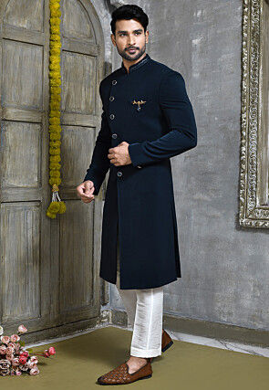 Hand Embroidered Collar Suede Sherwani in Navy Blue