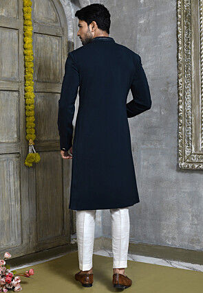 Hand Embroidered Collar Suede Sherwani in Navy Blue