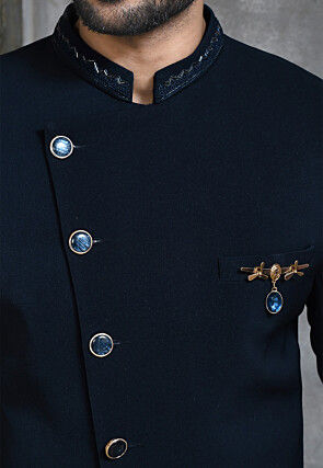 Hand Embroidered Collar Suede Sherwani in Navy Blue