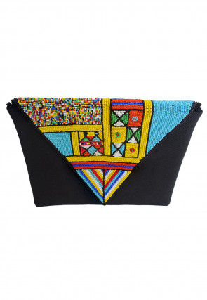 Hand Embroidered Corduroy Envelope Clutch Bag in Black