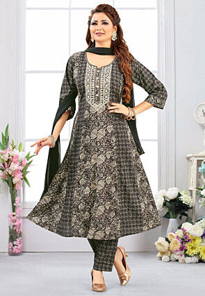 Hand Embroidered Cotton A Line Suit in Charcoal Black