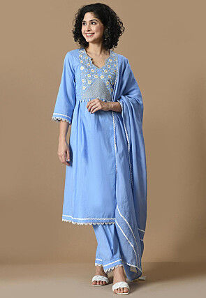Hand Embroidered Cotton A Line Suit in Light Blue