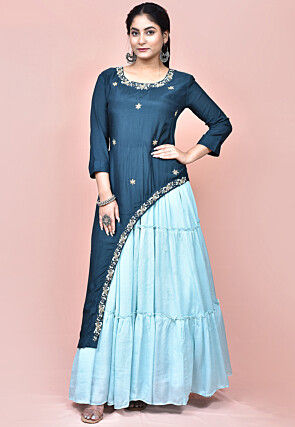 Hand Embroidered Cotton Layered Gown in Navy Blue and Light Blue