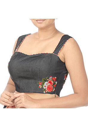 Hand Embroidered Cotton Blouse in Grey