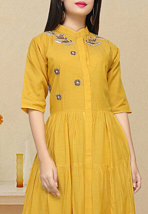 Hand Embroidered Cotton Flared Kurta in Mustard