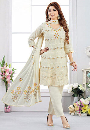 Hand Embroidered Cotton Jacquard A Line Suit in Light Beige
