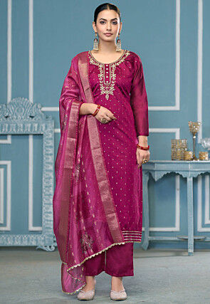Hand Embroidered Cotton Jacquard Pakistani Suit in Magenta