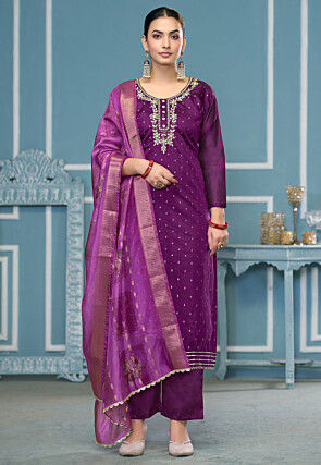 Hand Embroidered Cotton Jacquard Pakistani Suit in Purple