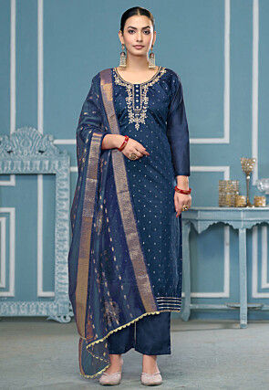 Hand Embroidered Cotton Jacquard Pakistani Suit in Teal Blue