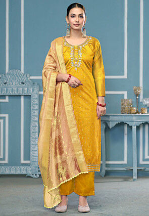 Hand Embroidered Cotton Jacquard Pakistani Suit in Yellow