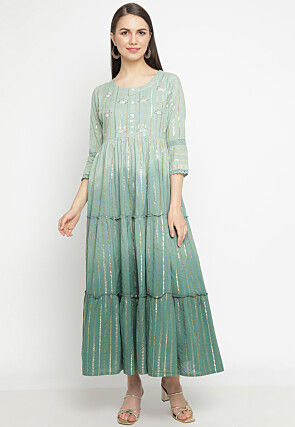 Hand Embroidered Cotton Jacquard Tiered Kurta in Shaded Green