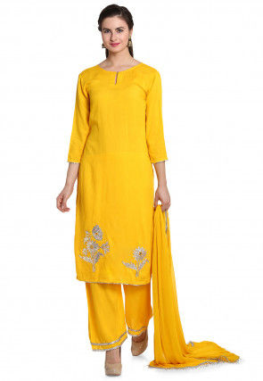 Hand Embroidered Rayon Pakistani Suit in Yellow