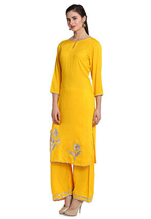 Hand Embroidered Rayon Pakistani Suit in Yellow