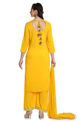 Hand Embroidered Rayon Pakistani Suit in Yellow