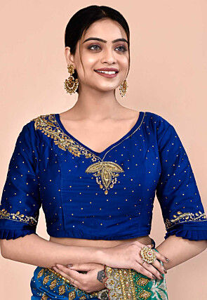 Hand Embroidered Cotton Satin Blouse in Blue