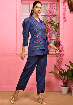 Hand Embroidered Cotton Satin Co Ord Set in Navy Blue