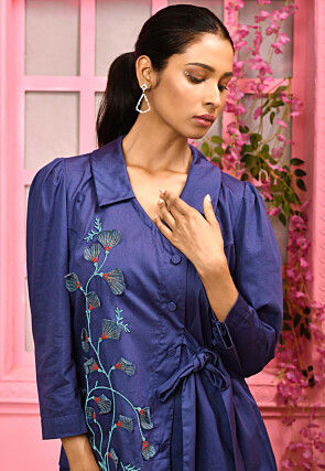 Hand Embroidered Cotton Satin Co Ord Set in Navy Blue