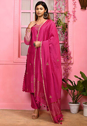 Hand Embroidered Cotton Silk Abaya Style Suit in Fuchsia