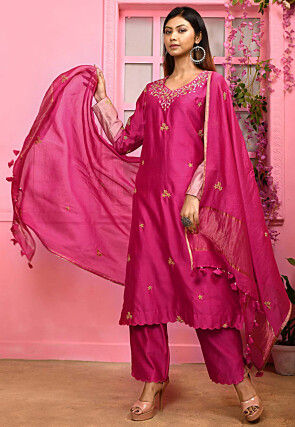 Hand Embroidered Cotton Silk Abaya Style Suit in Fuchsia