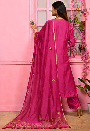 Hand Embroidered Cotton Silk Abaya Style Suit in Fuchsia