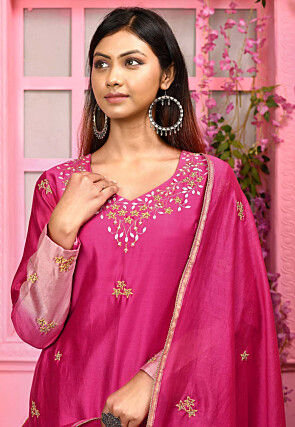 Hand Embroidered Cotton Silk Abaya Style Suit in Fuchsia