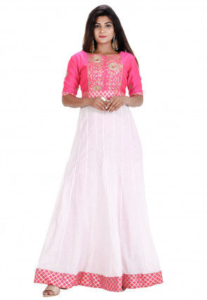 Hand Embroidered Cotton Silk Anarkali Kurta in White and Pink