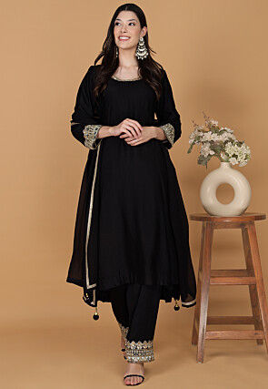 Hand Embroidered Cotton Silk Anarkali Suit in Black