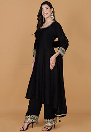Hand Embroidered Cotton Silk Anarkali Suit in Black