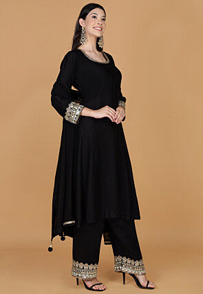 Hand Embroidered Cotton Silk Anarkali Suit in Black