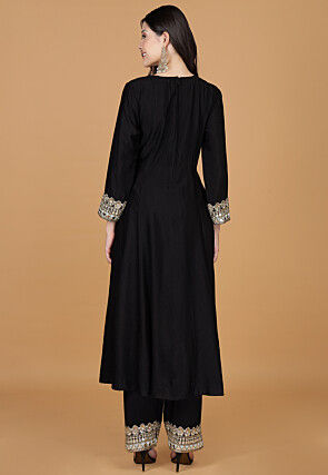Hand Embroidered Cotton Silk Anarkali Suit in Black