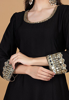 Hand Embroidered Cotton Silk Anarkali Suit in Black