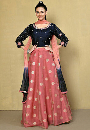 Hand Embroidered Cotton Silk Jacquard Lehenga in Peach