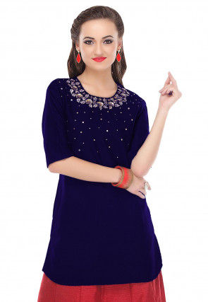 Hand Embroidered Cotton Silk Kurti in Dark Blue