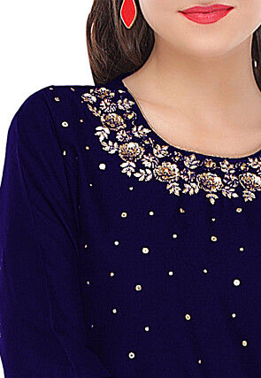 Hand Embroidered Cotton Silk Kurti in Dark Blue