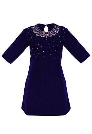 Hand Embroidered Cotton Silk Kurti in Dark Blue