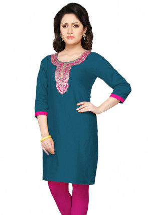 Hand Embroidered Cotton Silk Kurti in Teal Blue