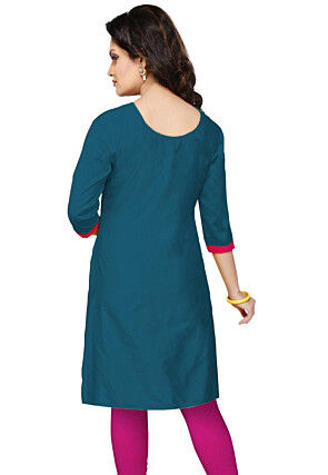 Hand Embroidered Cotton Silk Kurti in Teal Blue