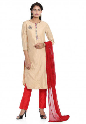 Hand Embroidered Cotton Silk Pakistani Suit in Beige