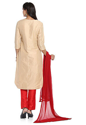 Hand Embroidered Cotton Silk Pakistani Suit in Beige