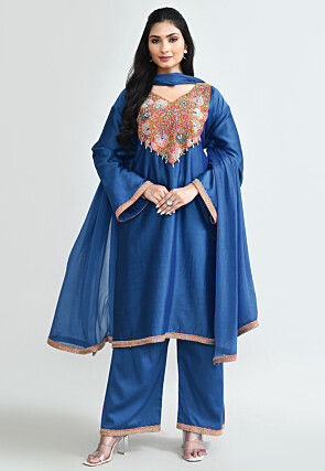 Hand Embroidered Cotton Silk Pakistani Suit in Blue