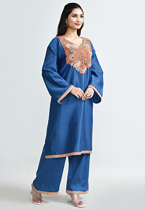 Hand Embroidered Cotton Silk Pakistani Suit in Blue