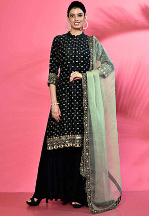 Hand Embroidered Cotton Silk Pakistani Suit in Dark Navy Blue