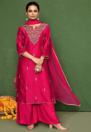 Hand Embroidered Cotton Silk Pakistani Suit in Fuchsia