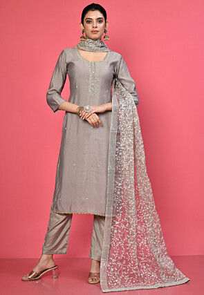 Hand Embroidered Cotton Silk Pakistani Suit in Grey