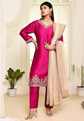 Hand Embroidered Cotton Silk Pakistani Suit in Magenta