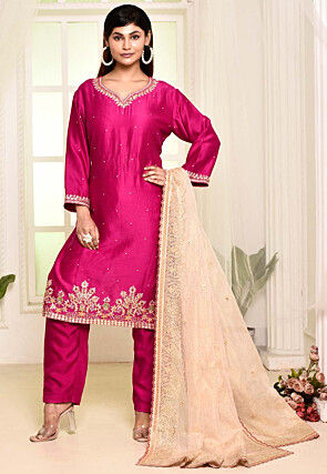 Hand Embroidered Cotton Silk Pakistani Suit in Magenta