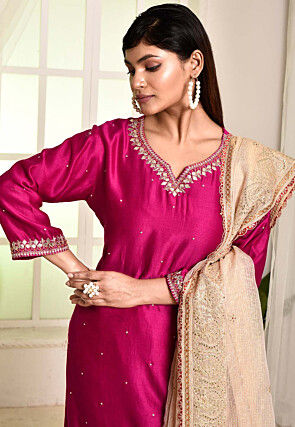 Hand Embroidered Cotton Silk Pakistani Suit in Magenta