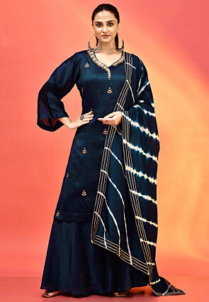 Hand Embroidered Cotton Silk Pakistani Suit in Navy Blue