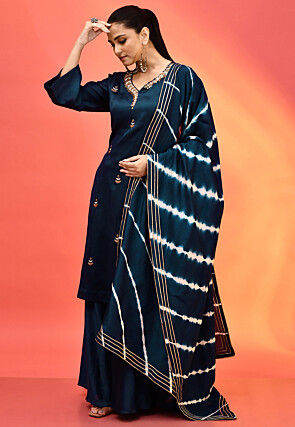 Hand Embroidered Cotton Silk Pakistani Suit in Navy Blue