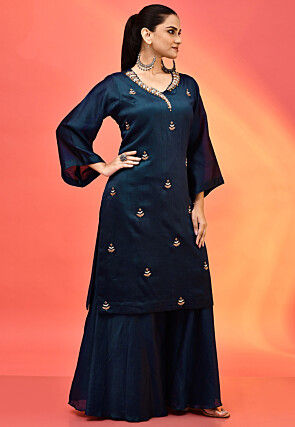 Hand Embroidered Cotton Silk Pakistani Suit in Navy Blue